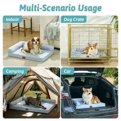 Cozy Kiss dog bed used in various scenarios including indoor, dog crate, camping, and car.#color_Sky Blue
