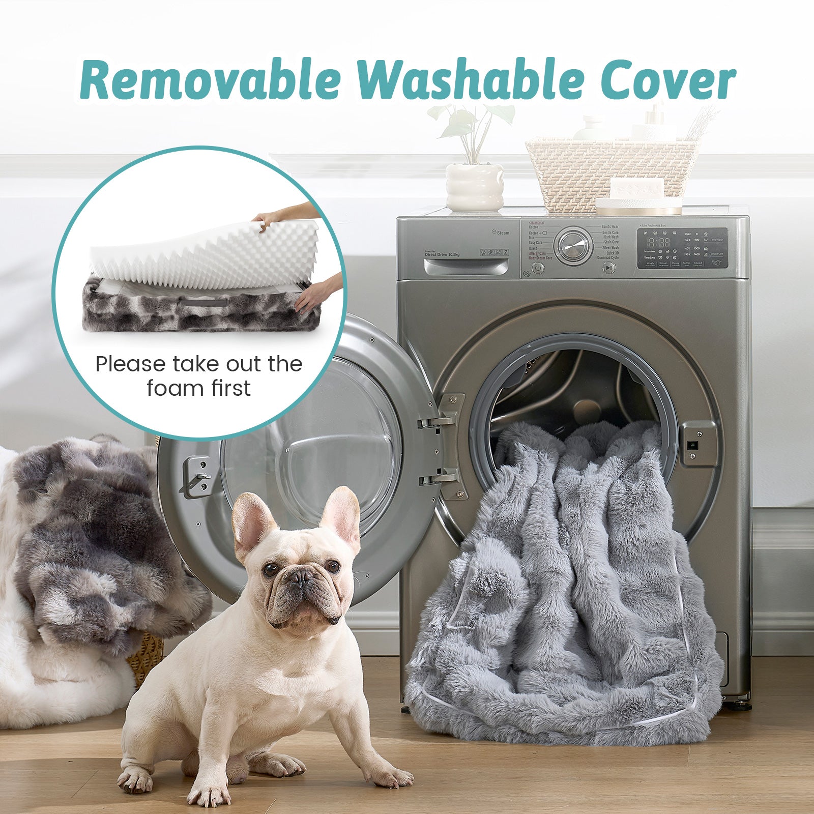 Cozy Kiss Fluffy Soft Bubble Faux Fur C-Shaped Dog Bed machine washable removable cover with easy maintenance #color_Tie-dye Grey