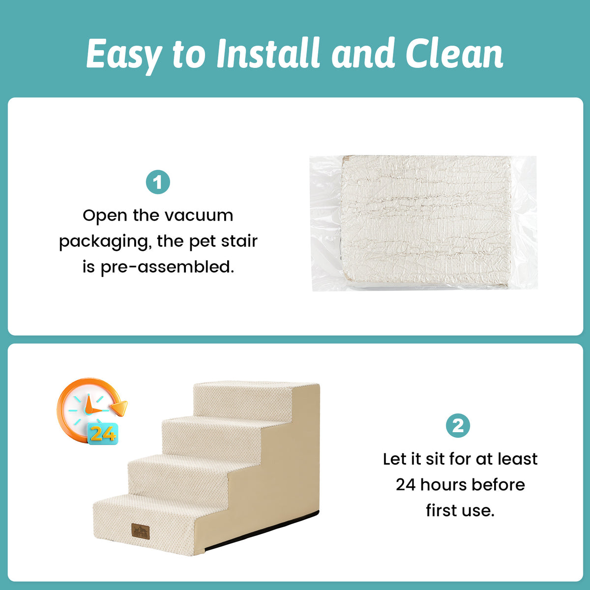 Step-by-step usage guide for Cozy Kiss 4-Step Right-Angle Pet Stairs #color_Beige