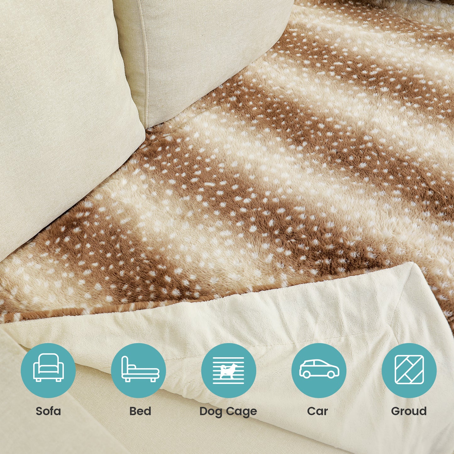 Cozy Kiss Stylish Deer Print Faux Fur Pet Blanket multi-purpose pet mat for sofa bed crate and car #color_Brown