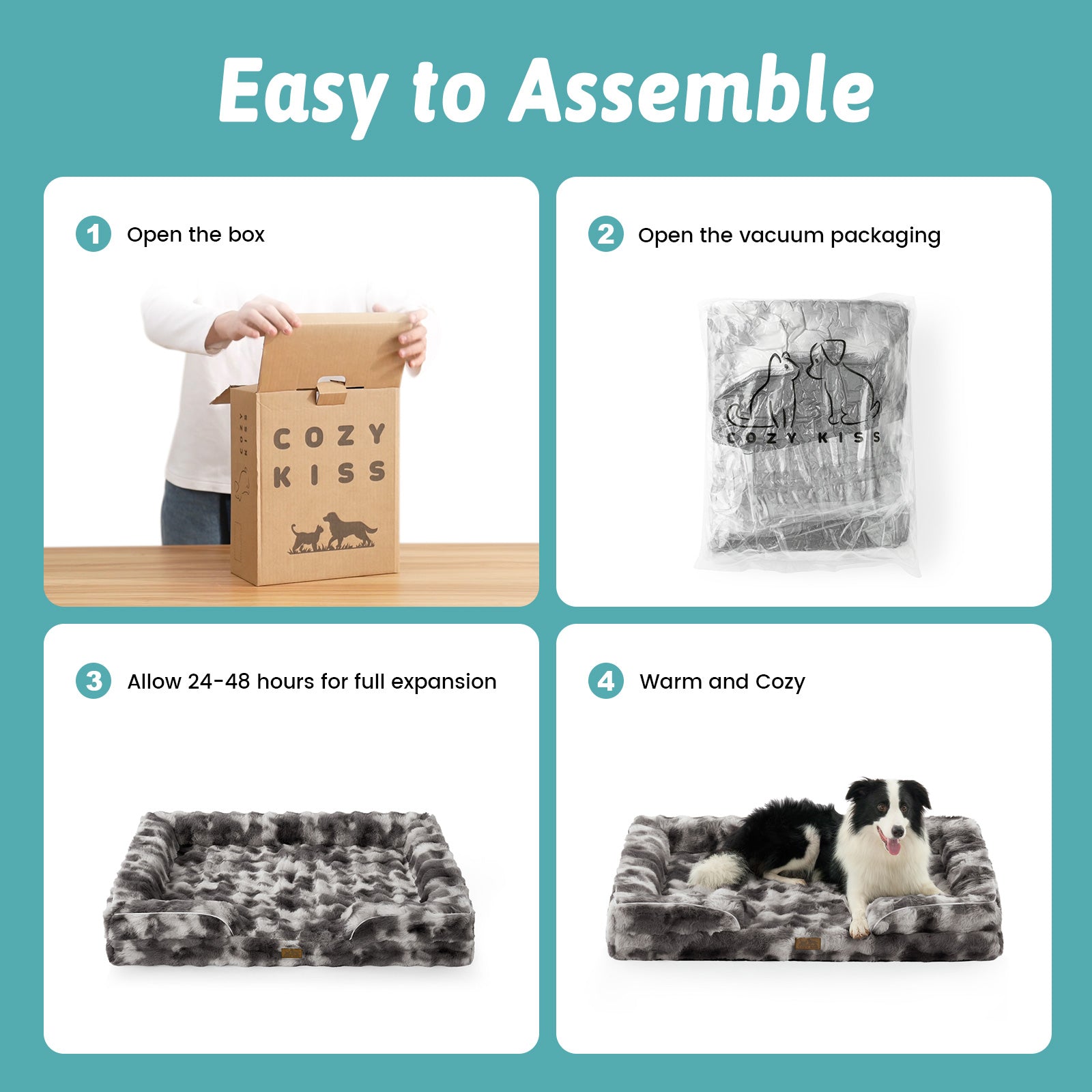 Cozy Kiss Fluffy Soft Bubble Faux Fur C-Shaped Dog Bed vacuum packed delivery and quick setup instructions #color_Tie-dye Grey