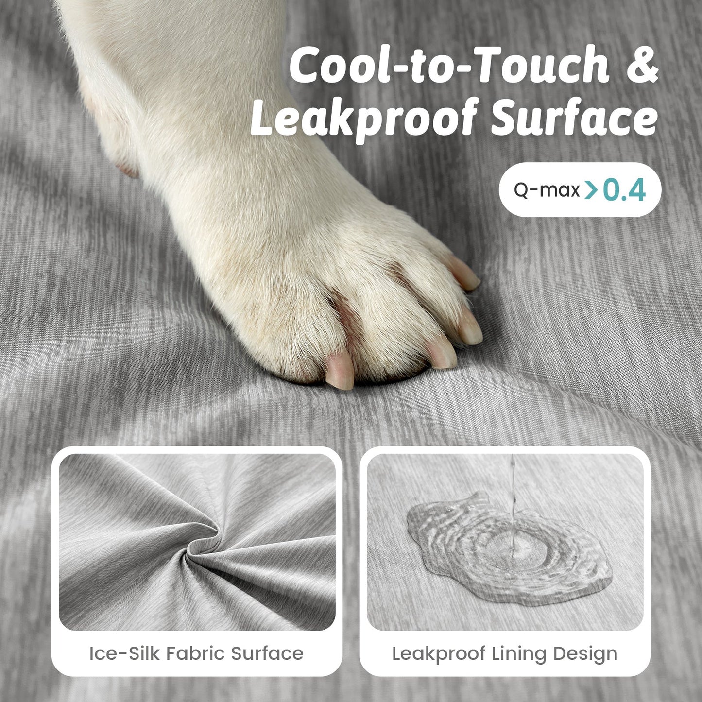 Dog paw on Cozy Kiss textured surface with text about cool-to-touch and leakproof design.#color_Grey