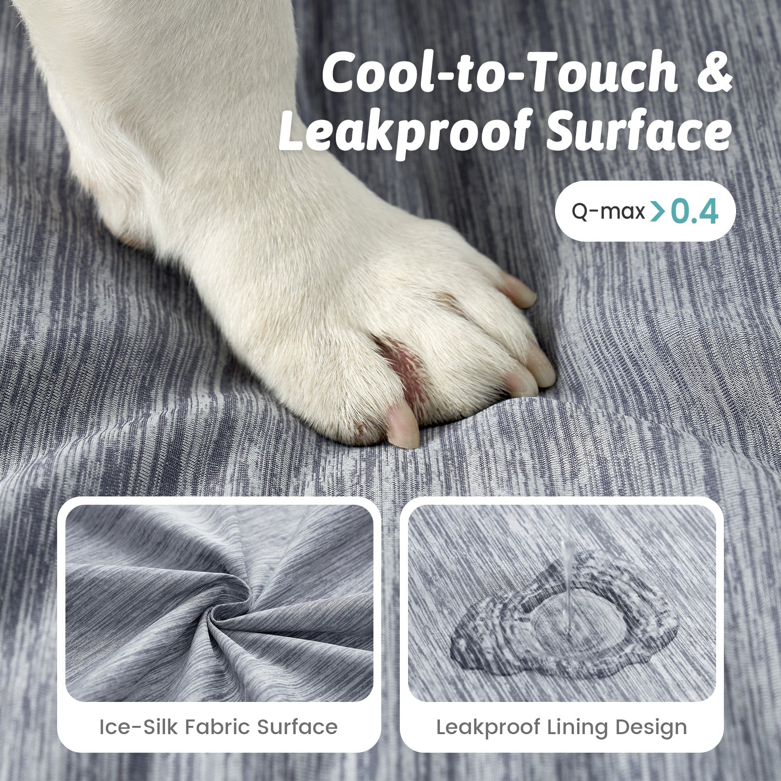 Dog paw on Cozy Kiss textured surface with text about cool-to-touch and leakproof design.#color_Dark Grey