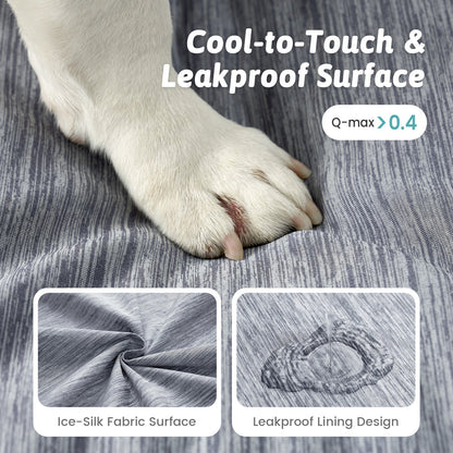 Dog paw on Cozy Kiss textured surface with text about cool-to-touch and leakproof design.#color_Dark Grey
