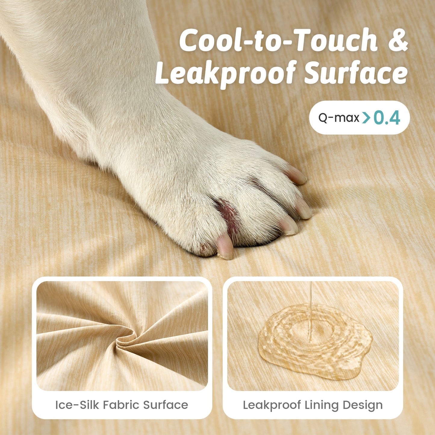 Dog paw on Cozy Kiss pet bed fabric with text about cool-to-touch and leakproof surface#color_Beige