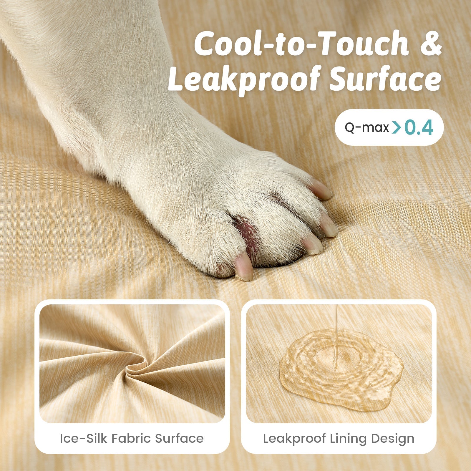Dog paw on Cozy Kiss pet bed fabric with text about cool-to-touch and leakproof surface#color_Beige