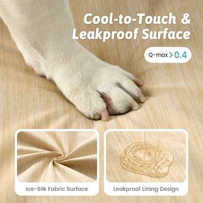 Dog paw on Cozy Kiss pet bed fabric with text about cool-to-touch and leakproof surface#color_Beige