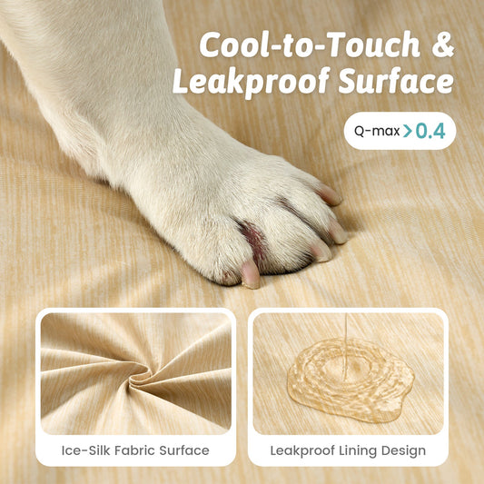 Dog paw on Cozy Kiss pet bed fabric with text about cool-to-touch and leakproof surface#color_Beige