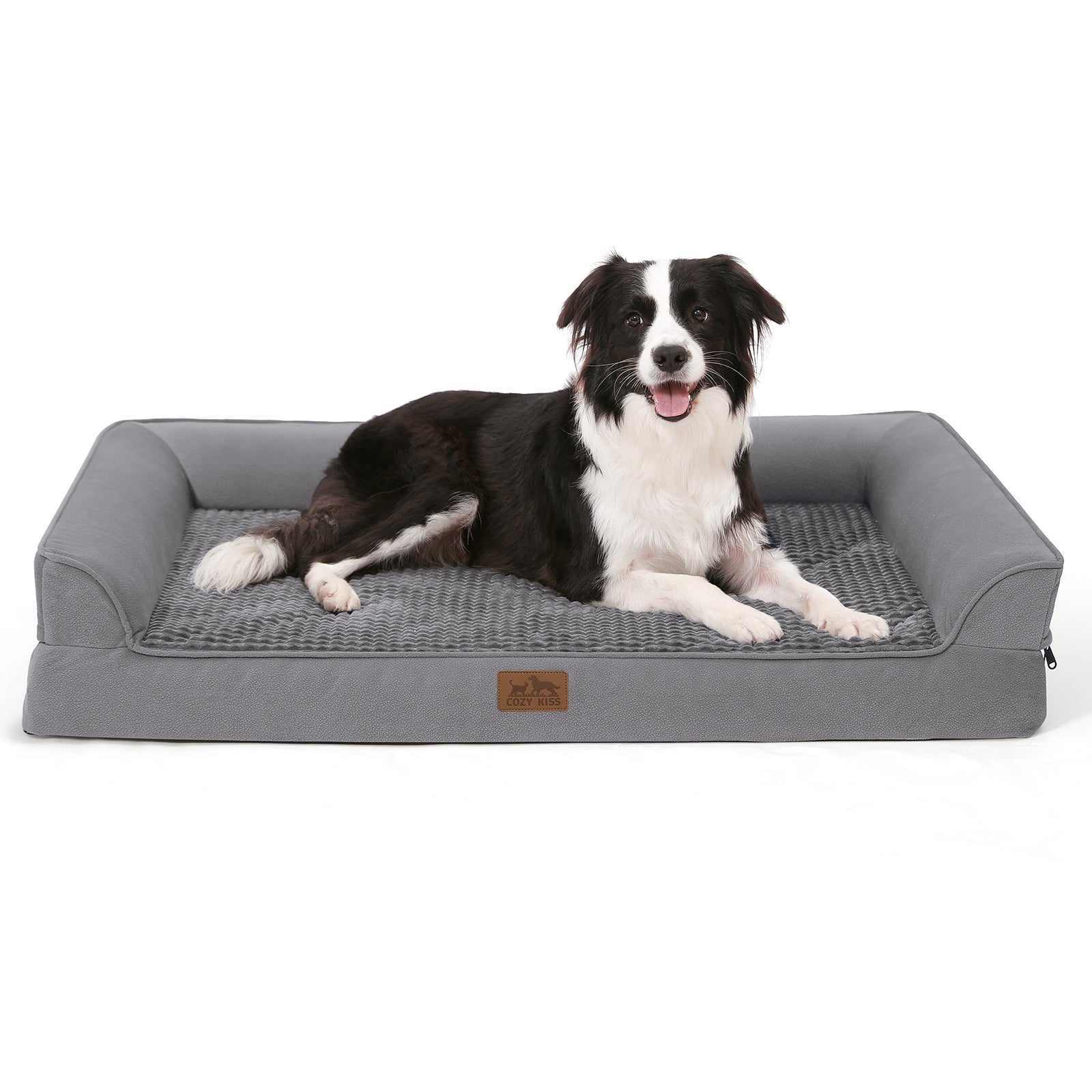 Cozy Kiss All Seasons U-shaped scratch-resistant dog bed in grey, front view with a dog resting on it#color_Grey