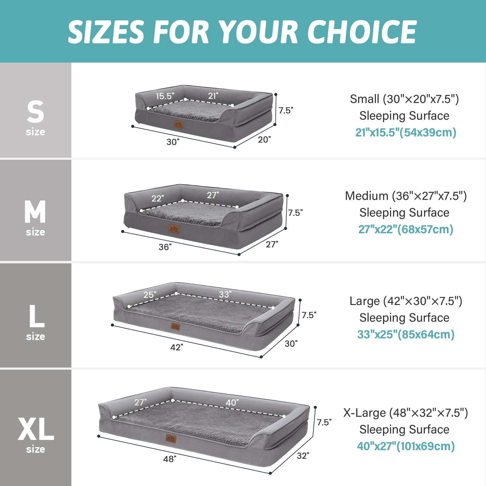 Size guide chart for the Cozy Kiss All Seasons dog bed in grey across S, M, L and XL sleeping areas#color_Grey