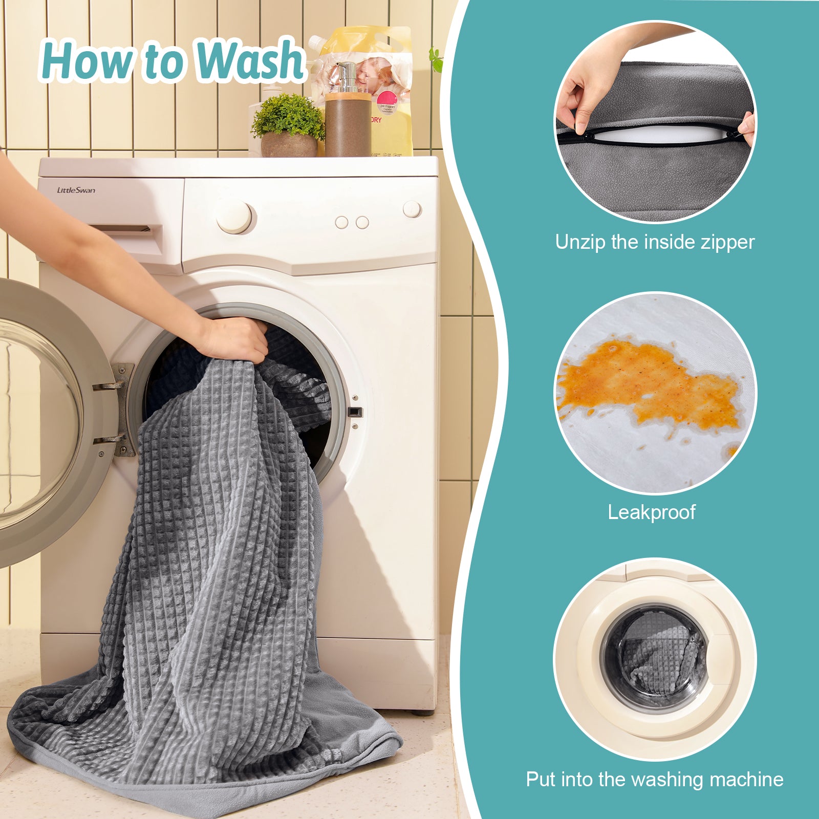 How-to-wash steps for the Cozy Kiss machine-washable dog bed in grey with removable zipper and leakproof liner#color_Grey