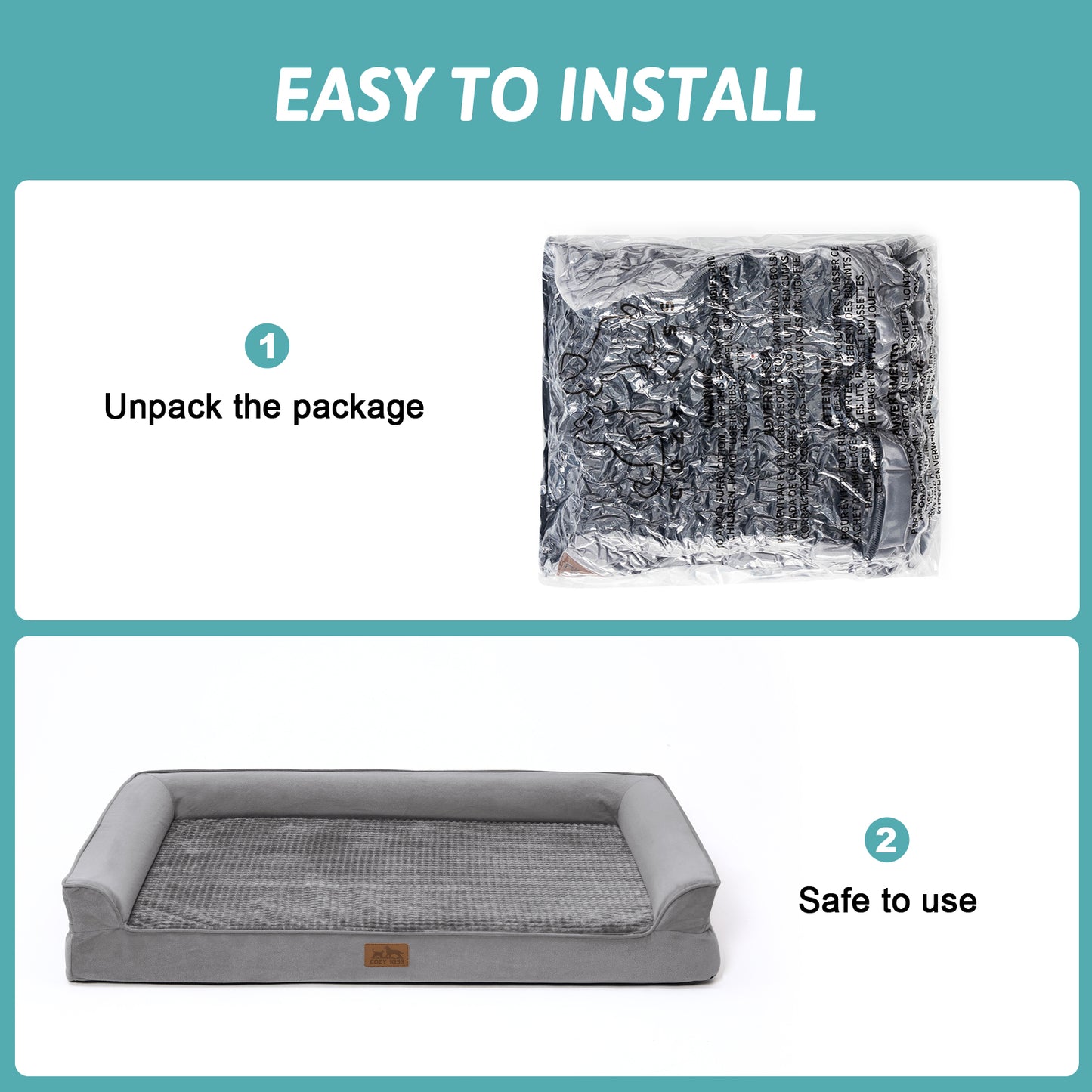 Easy-install guide for the Cozy Kiss grey scratch-resistant dog bed showing compressed packaging being unpacked#color_Grey