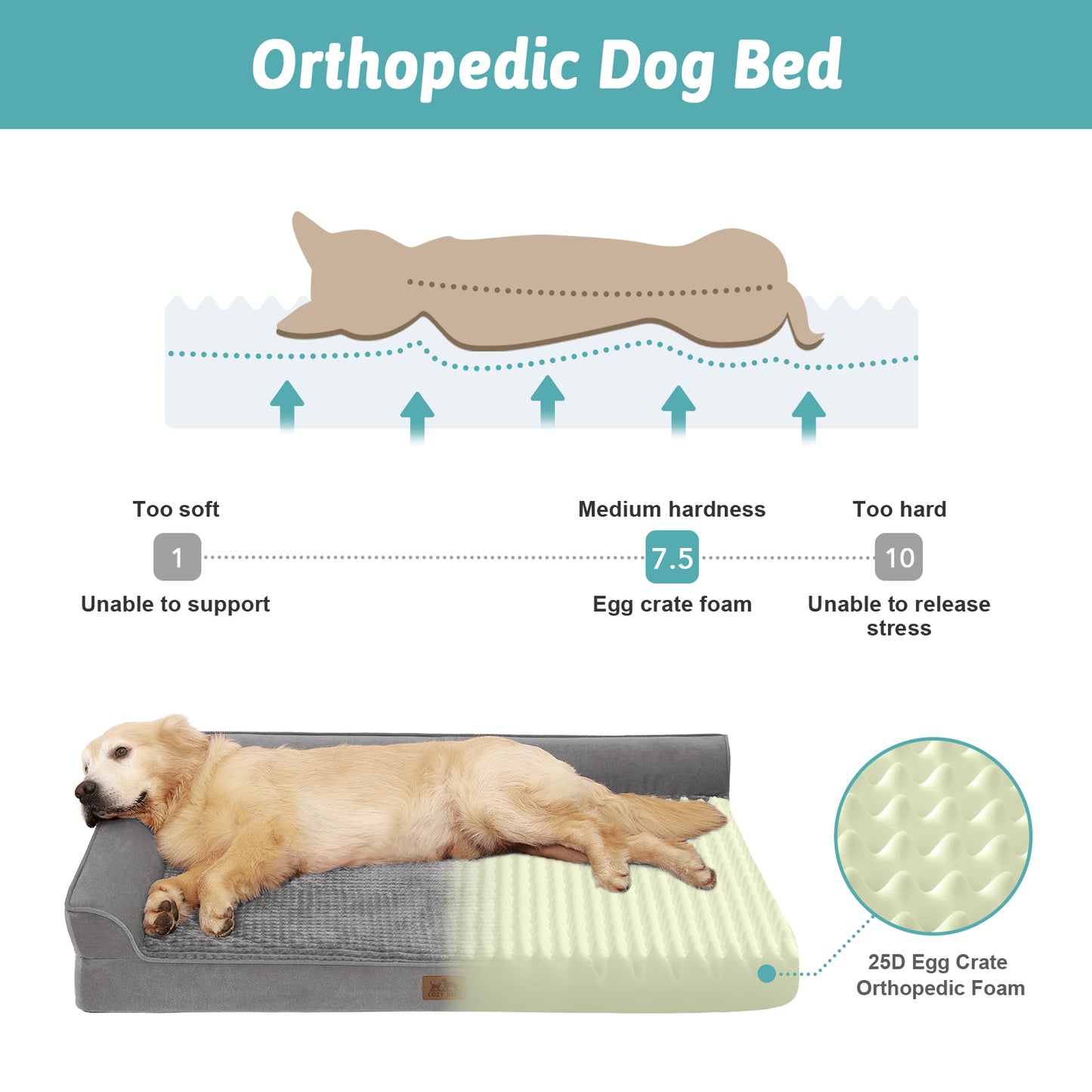 Cozy Kiss orthopedic L-shaped dog bed in grey with egg crate foam hardness chart showing hard support#color_Grey