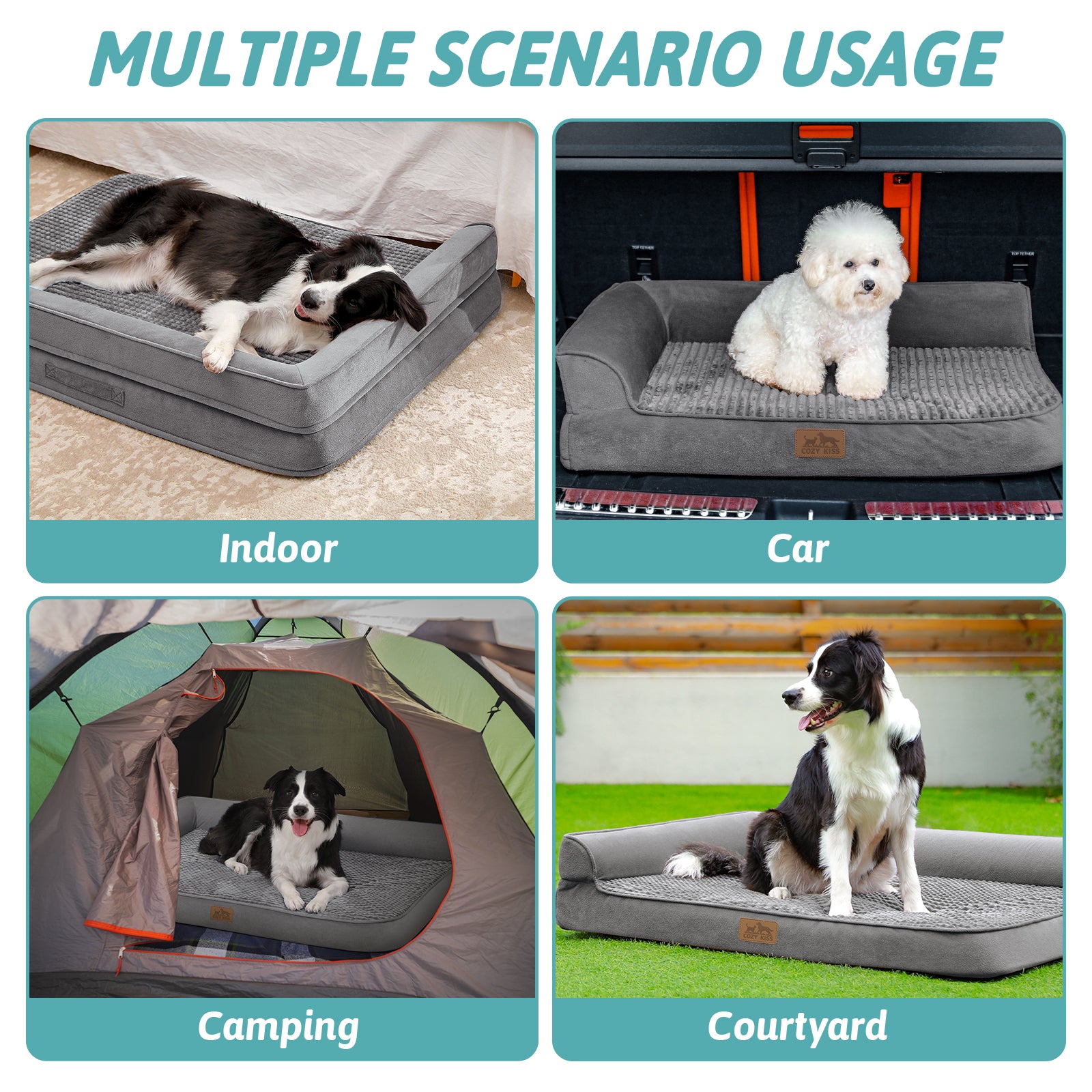 Multi-scenario guide for the Cozy Kiss scratch-resistant dog bed in grey, used indoor, in car, camping and courtyard#color_Grey