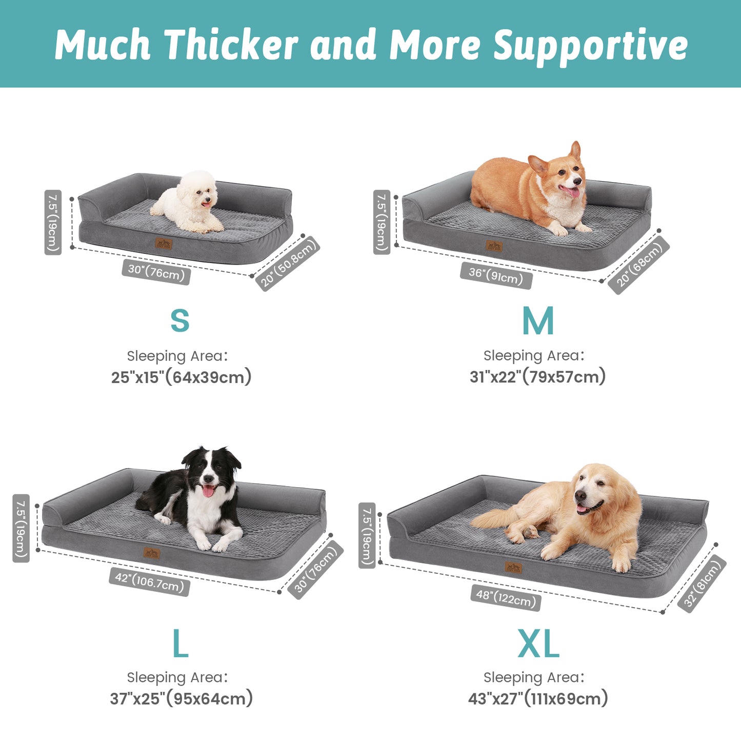 Size guide chart for the Cozy Kiss All Seasons dog bed in grey across S, M, L and XL sleeping areas#color_Grey