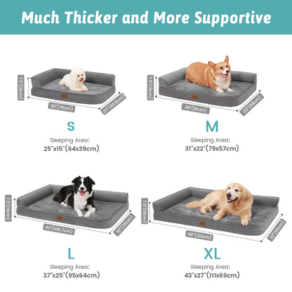 Size guide chart for the Cozy Kiss All Seasons dog bed in grey across S, M, L and XL sleeping areas#color_Grey