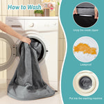 How-to-wash steps for the Cozy Kiss machine-washable dog bed in grey with removable zipper and leakproof liner