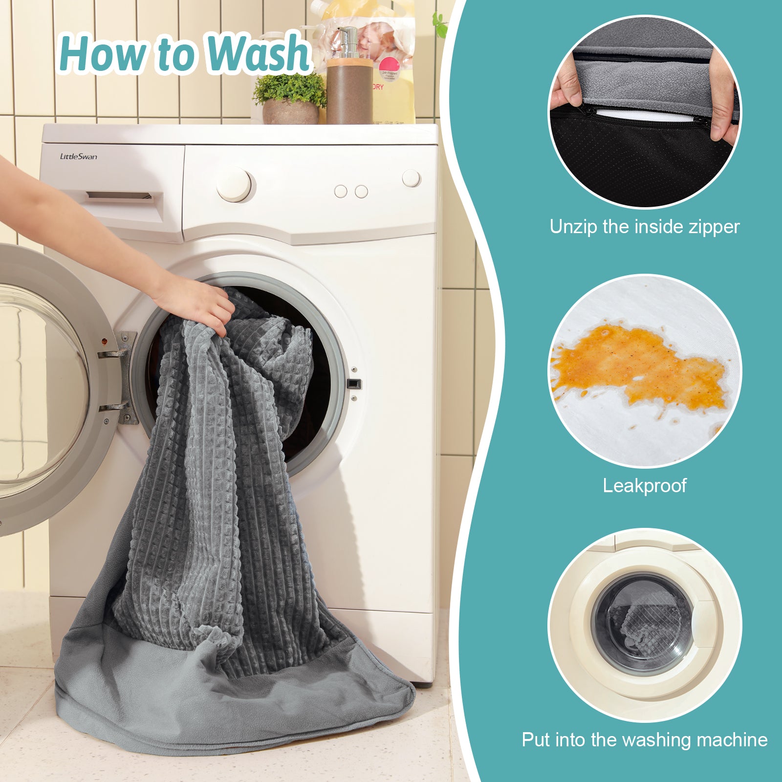 How-to-wash steps for the Cozy Kiss machine-washable dog bed in grey with removable zipper and leakproof liner#color_Grey