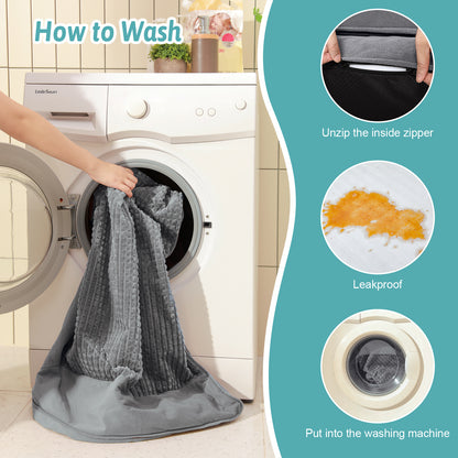 How-to-wash steps for the Cozy Kiss machine-washable dog bed in grey with removable zipper and leakproof liner#color_Grey