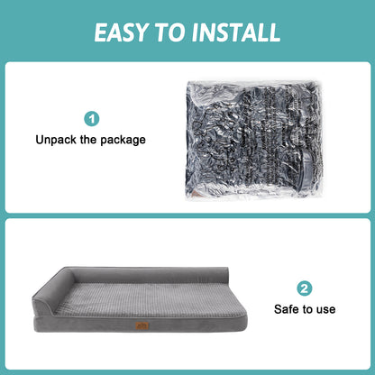 Easy-install guide for the Cozy Kiss grey scratch-resistant dog bed showing compressed packaging being unpacked#color_Grey