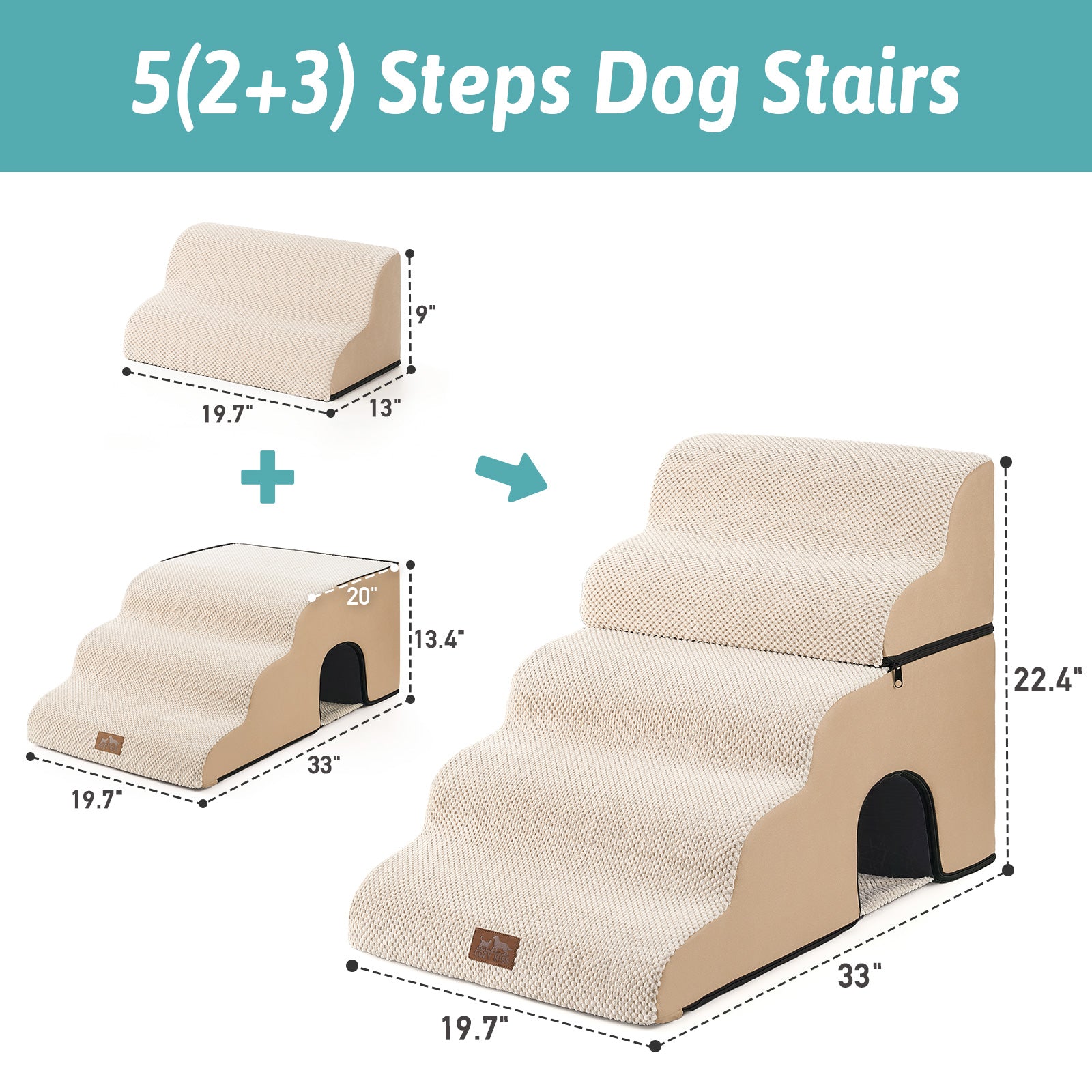 Cozy Kiss 5-Step Foldable Curved Pet Stairs with Play Condo foldable configuration #color_Beige