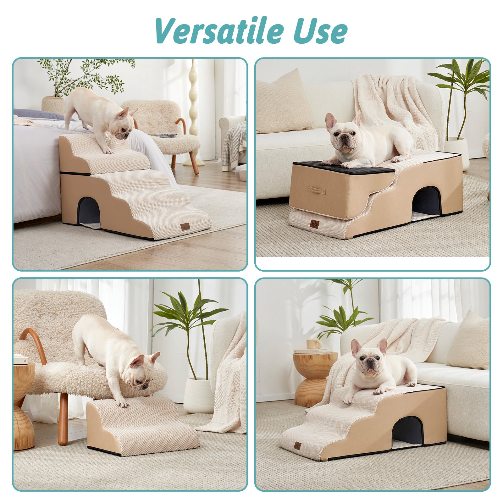 Cozy Kiss 5-Step Foldable Curved Pet Stairs with Play Condo for sofa, bed, chair, and lounging #color_Beige