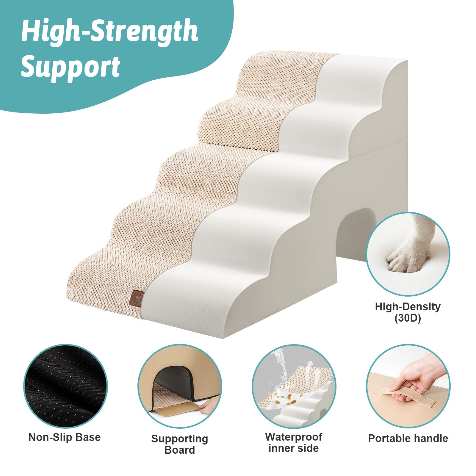 Cozy Kiss 5-Step Foldable Curved Pet Stairs with Play Condo high-density foam support #color_Beige