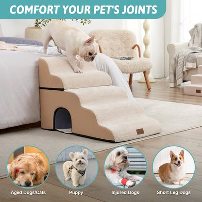 Cozy Kiss 5-Step Foldable Curved Pet Stairs with Play Condo helps reduce joint strain #color_Beige