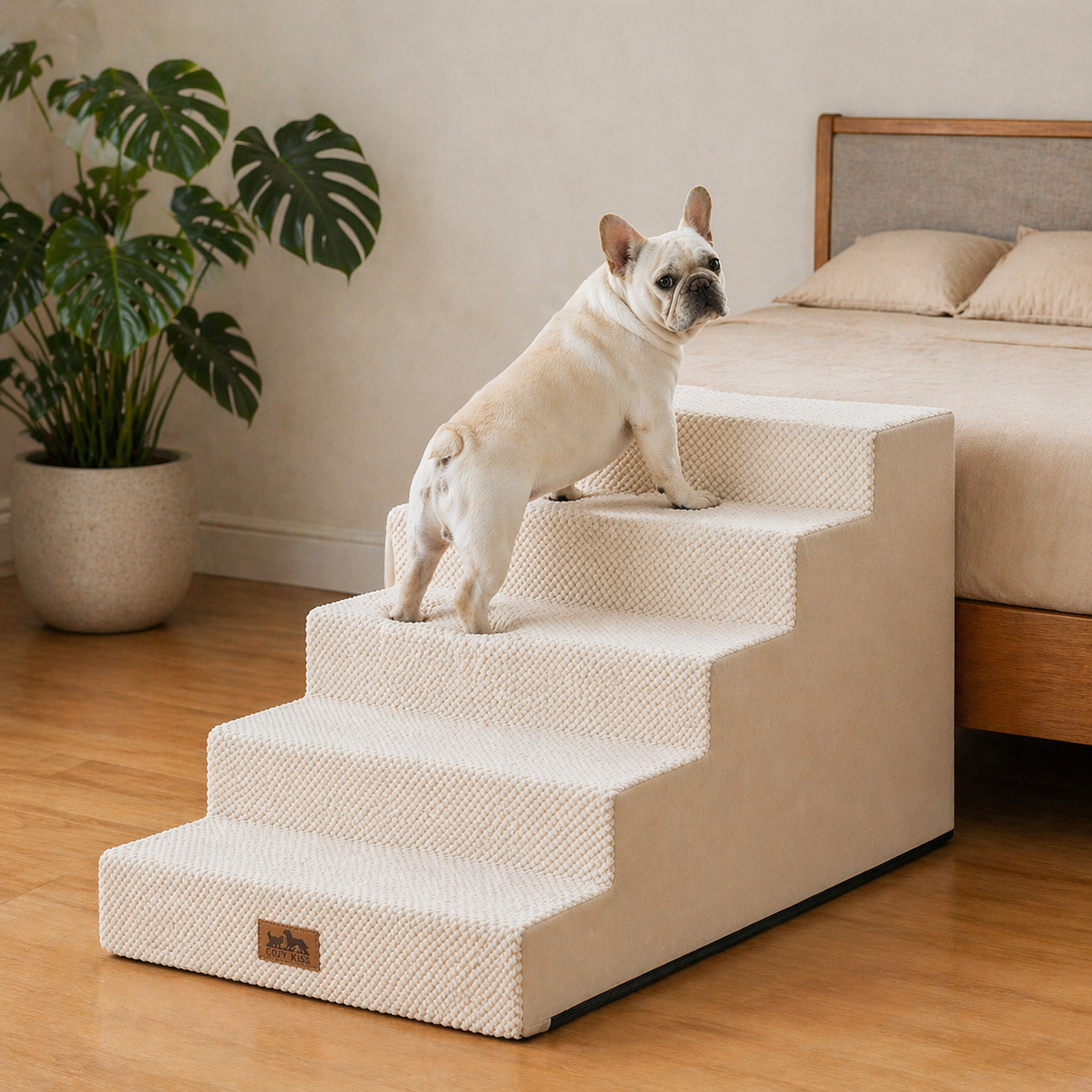 Front view of a dog using Cozy Kiss 5-Step Extra Wide Right-Angle Pet Stairs beside a bed, showing easy access. #color_Beige