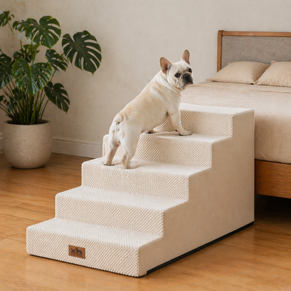 Front view of a dog using Cozy Kiss 5-Step Extra Wide Right-Angle Pet Stairs beside a bed, showing easy access. #color_Beige