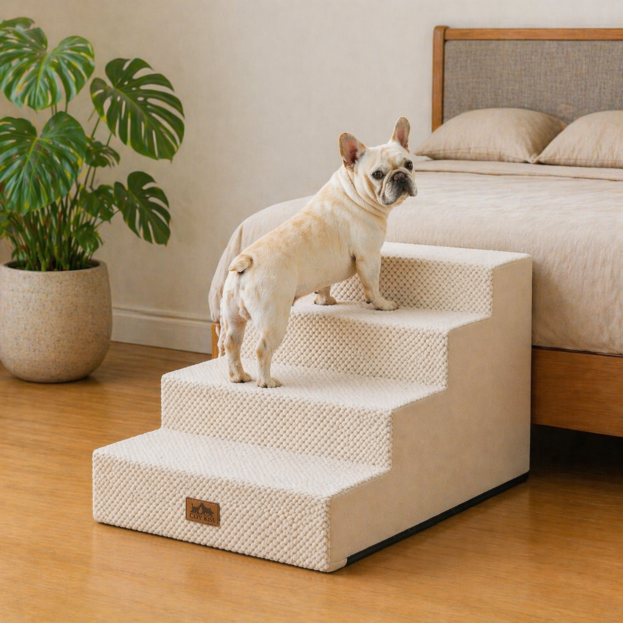 Cozy Kiss 4-Step Non-Slip Right-Angle Pet Stairs helping pets reach sofas safely #color_Beige