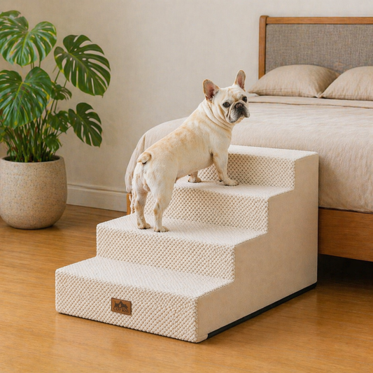 Cozy Kiss 4-Step Non-Slip Right-Angle Pet Stairs helping pets reach sofas safely #color_Beige
