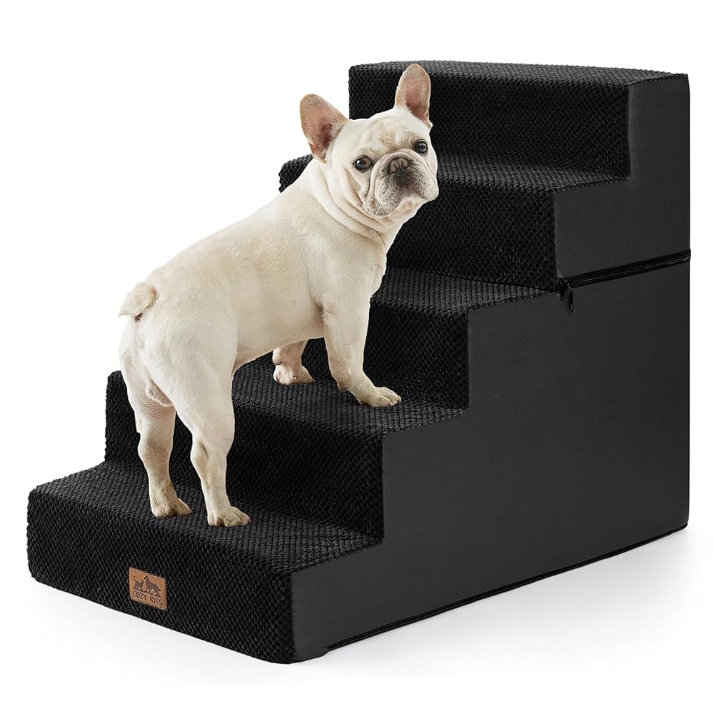 Cozy Kiss 5-Step Extra Wide Foldable Right-Angle Pet Stairs for safe pet access #color_Black