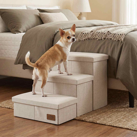 Cozy Kiss 3-Step Storage Pet Stairs beside bed with a dog climbing safely #color_Beige