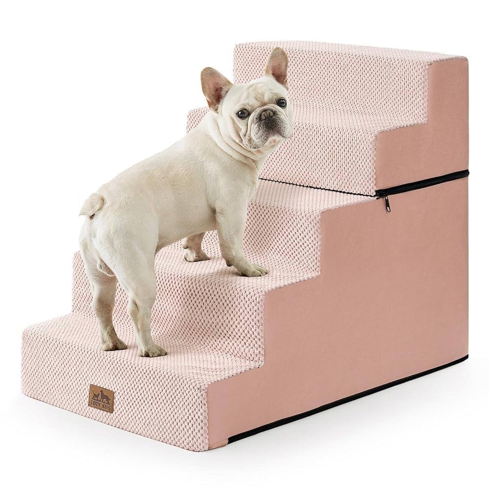 Cozy Kiss 5-Step Extra Wide Foldable Right-Angle Pet Stairs for safe pet access Pink