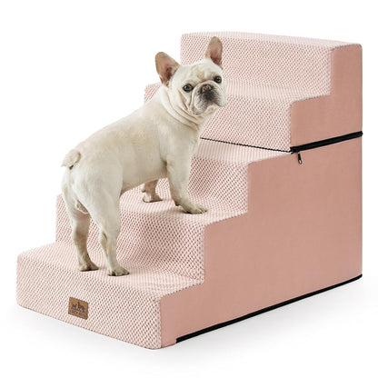 Cozy Kiss 5-Step Extra Wide Foldable Right-Angle Pet Stairs for safe pet access Pink