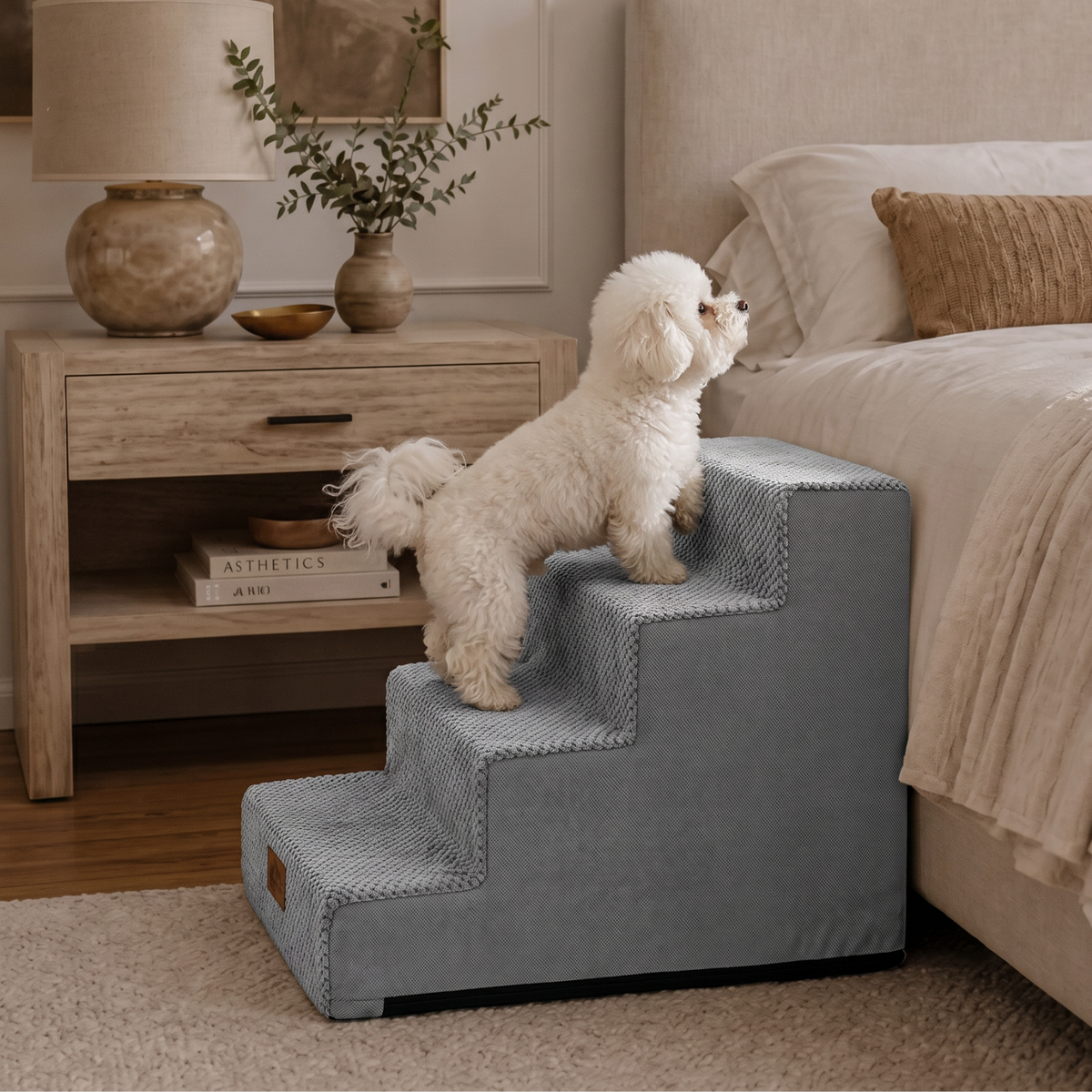 Cozy Kiss 4-Step Right-Angle Pet Stairs with a dog safely standing on it #color_Grey