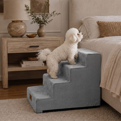 Cozy Kiss 4-Step Right-Angle Pet Stairs with a dog safely standing on it #color_Grey