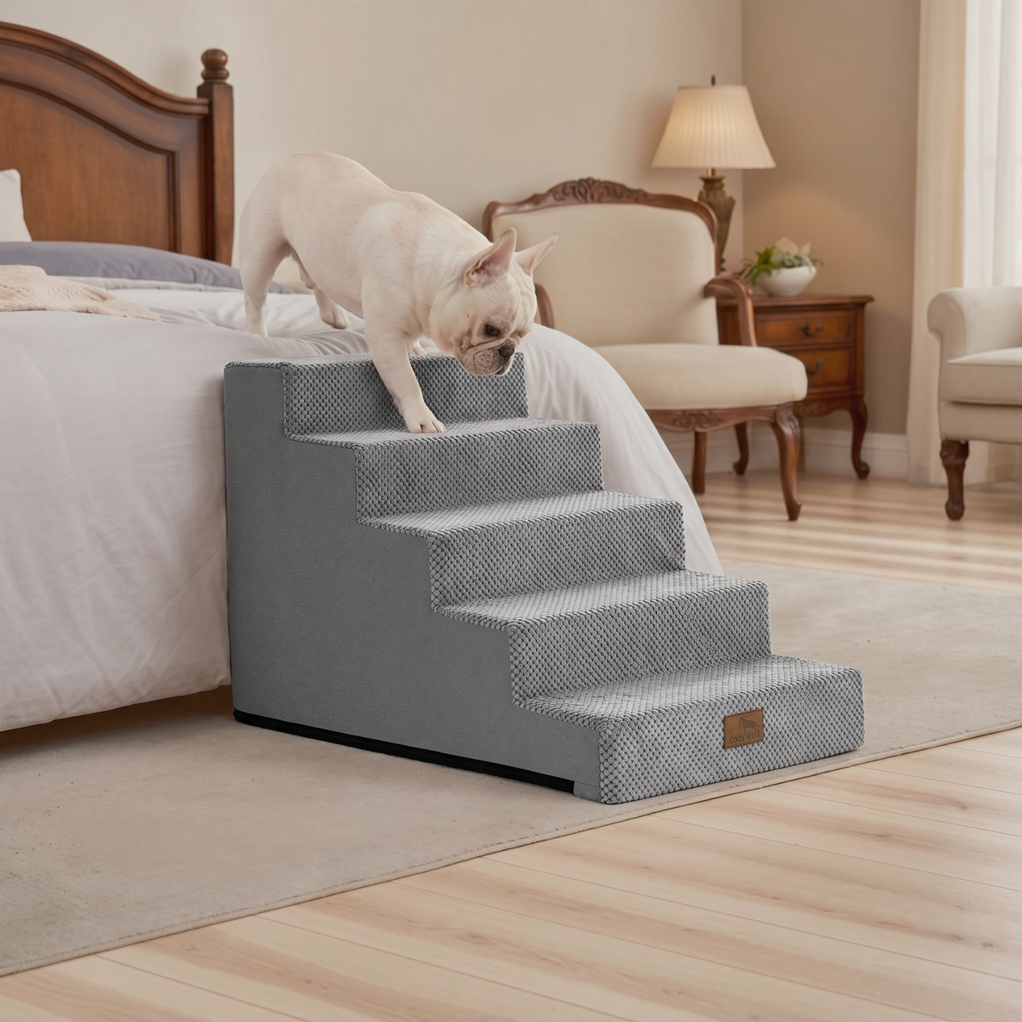 Cozy Kiss 5-Step Right-Angle Pet Stairs with a dog safely descending #color_Grey