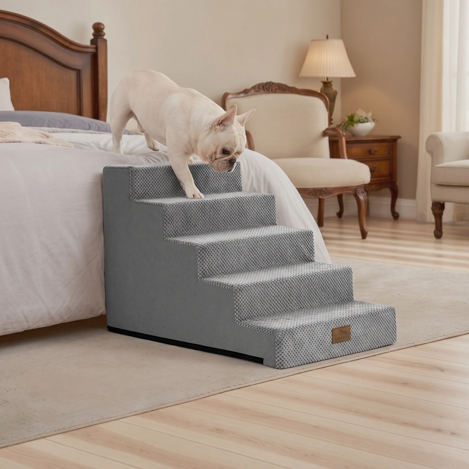 Cozy Kiss 5-Step Right-Angle Pet Stairs with a dog safely descending #color_Grey