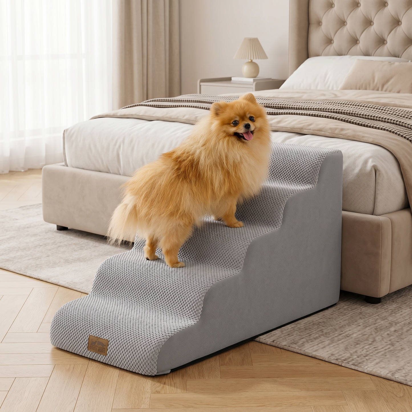 Cozy Kiss 5-Step Gentle Slope Curved Pet Stairs beside a bed with a dog demonstrating easy and comfortable climbing access #color_Gray