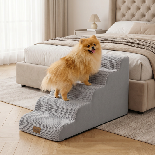 Cozy Kiss 5-Step Gentle Slope Curved Pet Stairs beside a bed with a dog demonstrating easy and comfortable climbing access #color_Gray